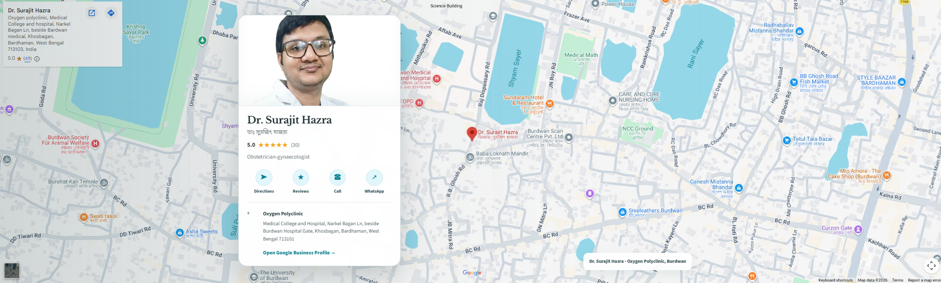Google Maps view showing Dr. Surajit Hazra at Oxygen Polyclinic in Burdwan