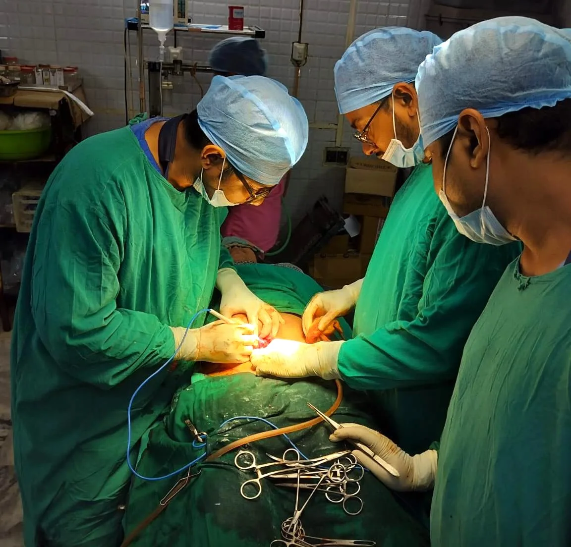 Surgical team working in a gynaecological operating theatre